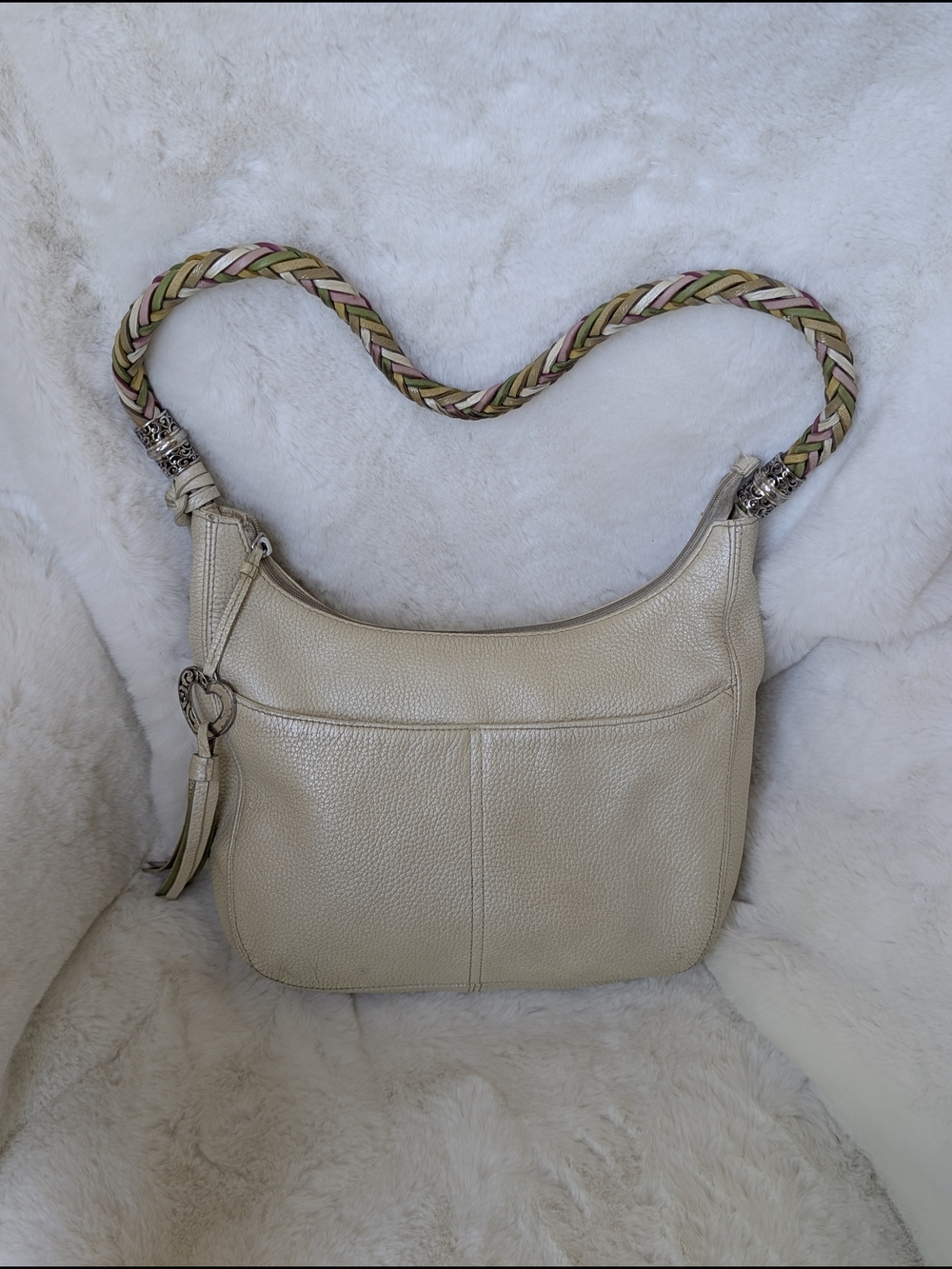 Cream Leather Shoulder Bag with Braided Multicolor Strap